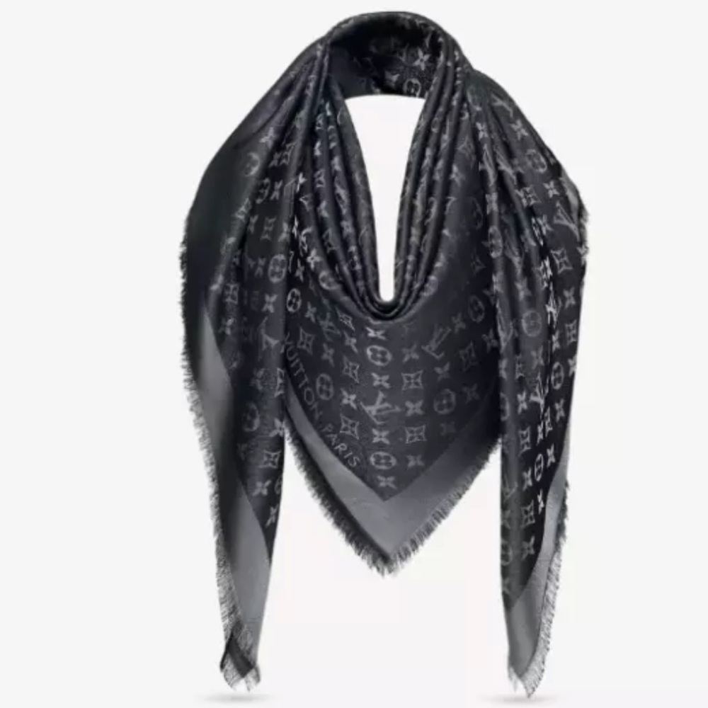 Auth. Vuitton Châle Monogram Black Shine Shawl Scarf in Metallic Lurex and Silk